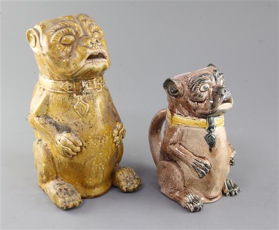 Two Continental pottery jugs, modelled as seated pugs, late 19th century, 25.5cm